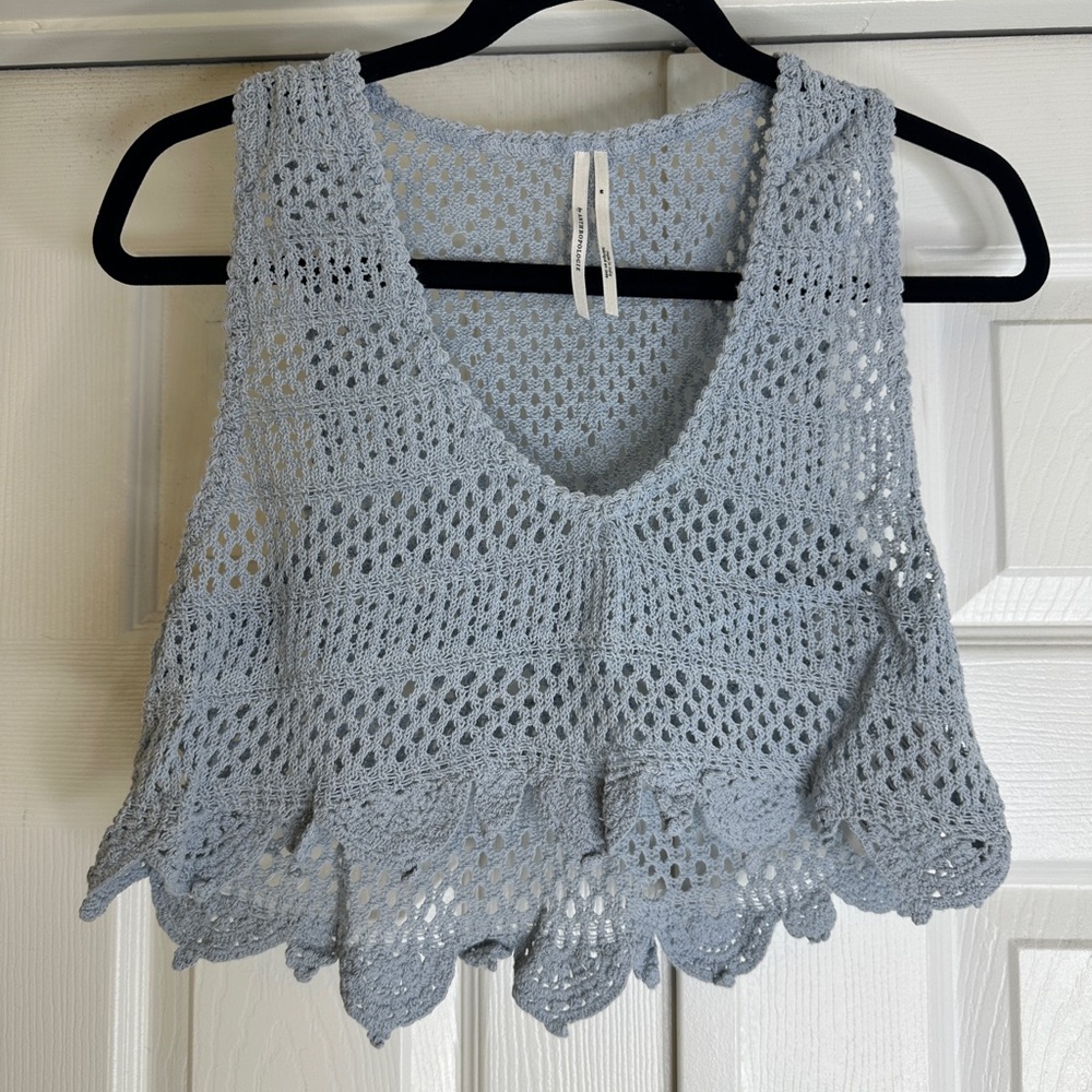 Anthropologie Baby Blue Crochet Top | Boho Cottagecore Knit | Women’s Size M